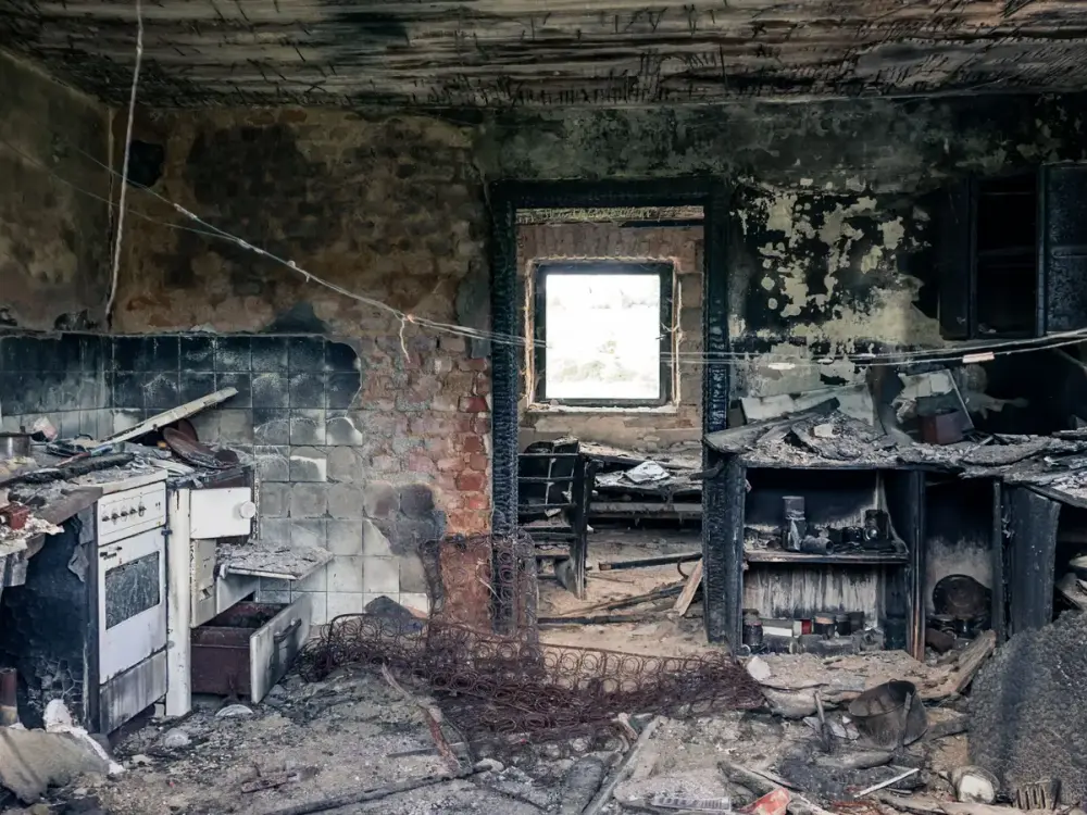 The charred, soot-covered interior of a fire-damaged home